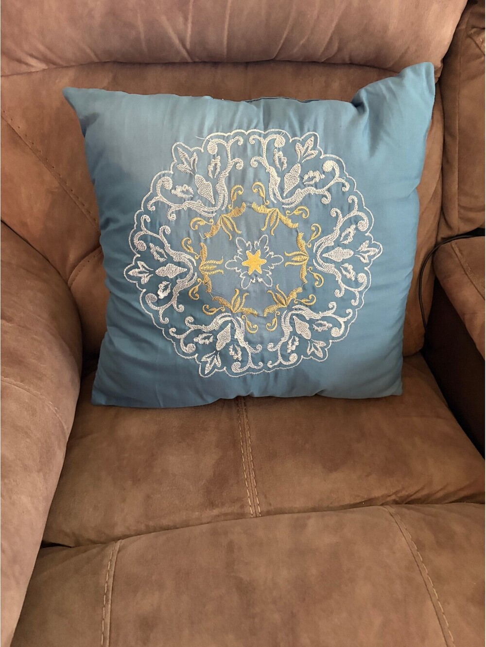 Modern Threads Decorative Pillow 16x16 Blue with Embroidered Design